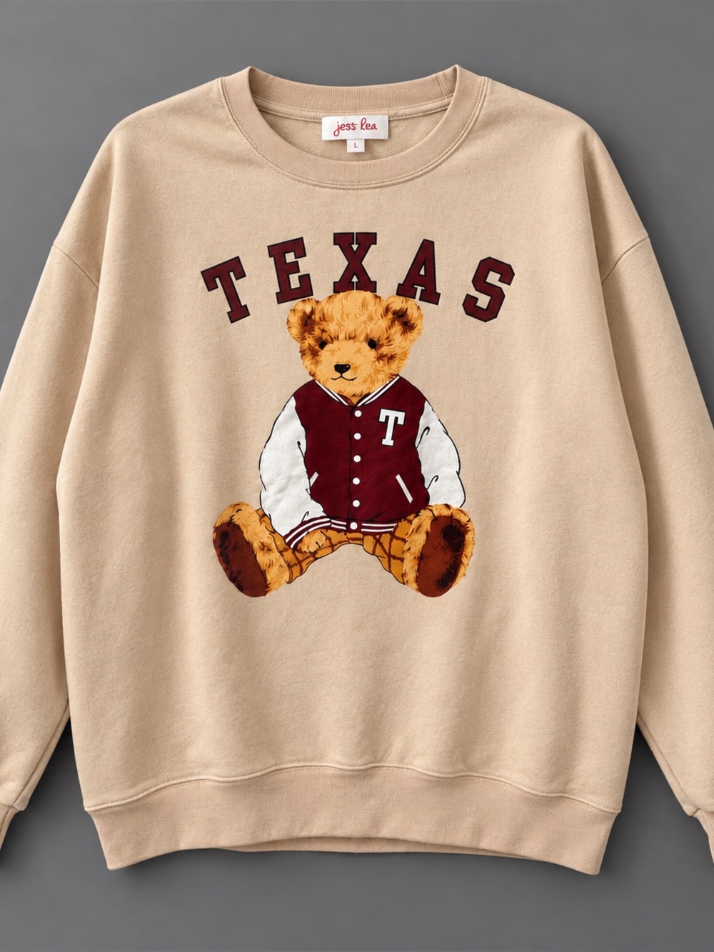 Jess Lea Texas Teddy Bear Varsity Sweatshirt Beige Maroon Size L